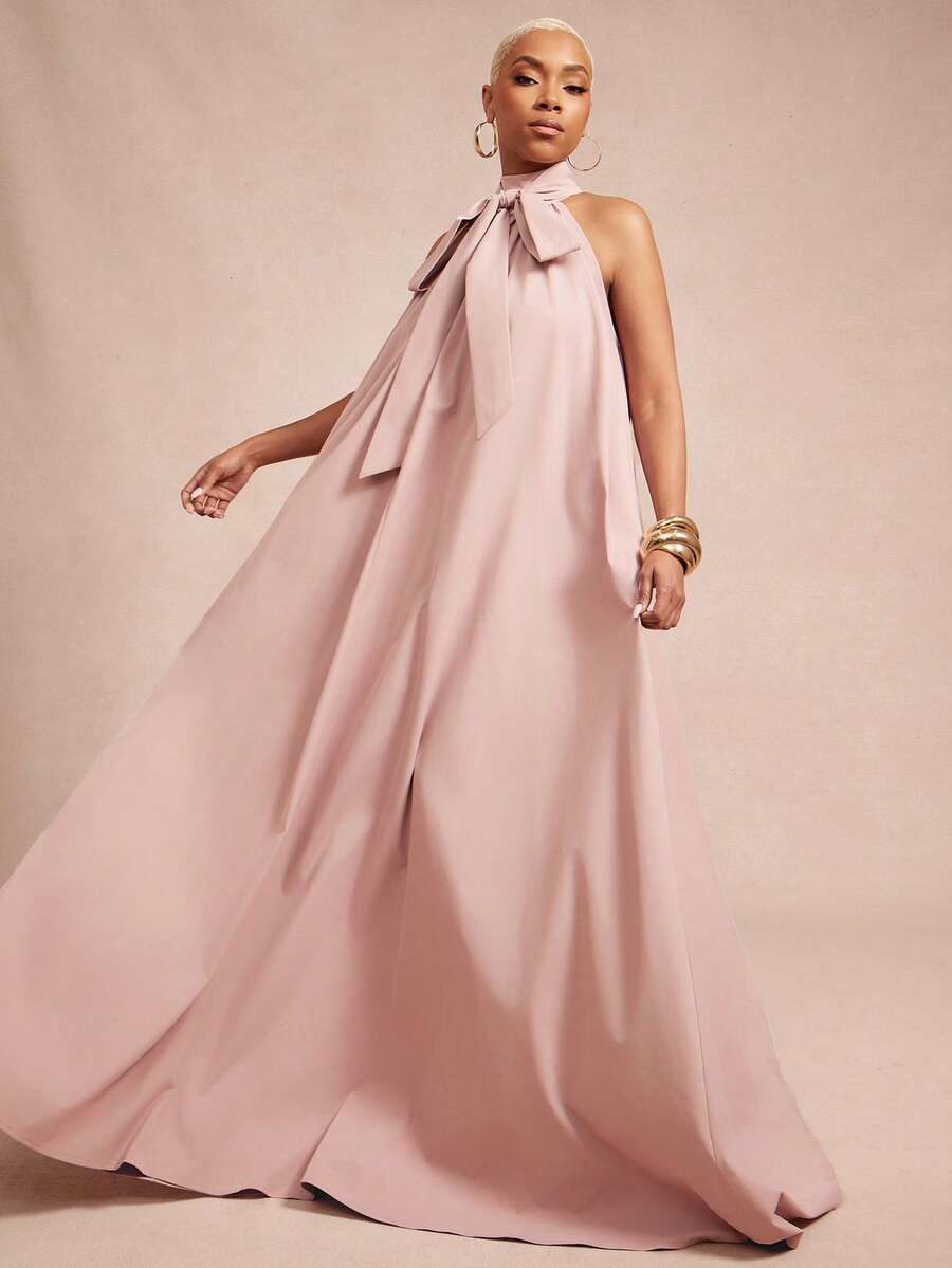 Solid Woven Bow Tie Halter Neck A Line Maxi Dress
