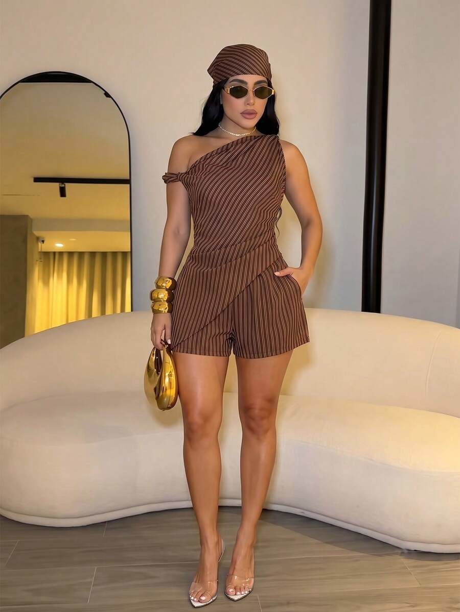 Women's Shoulder Twist Hem Blouse Shorts With Pockets Night Out Two Pieces Set