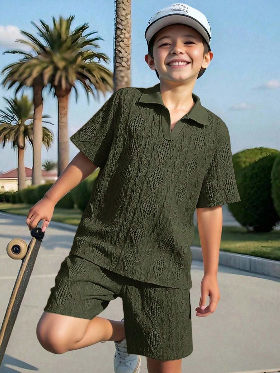 Kids Casual Colorblock Patchwork Short Sleeve Polo & Elastic Waist Shorts Set