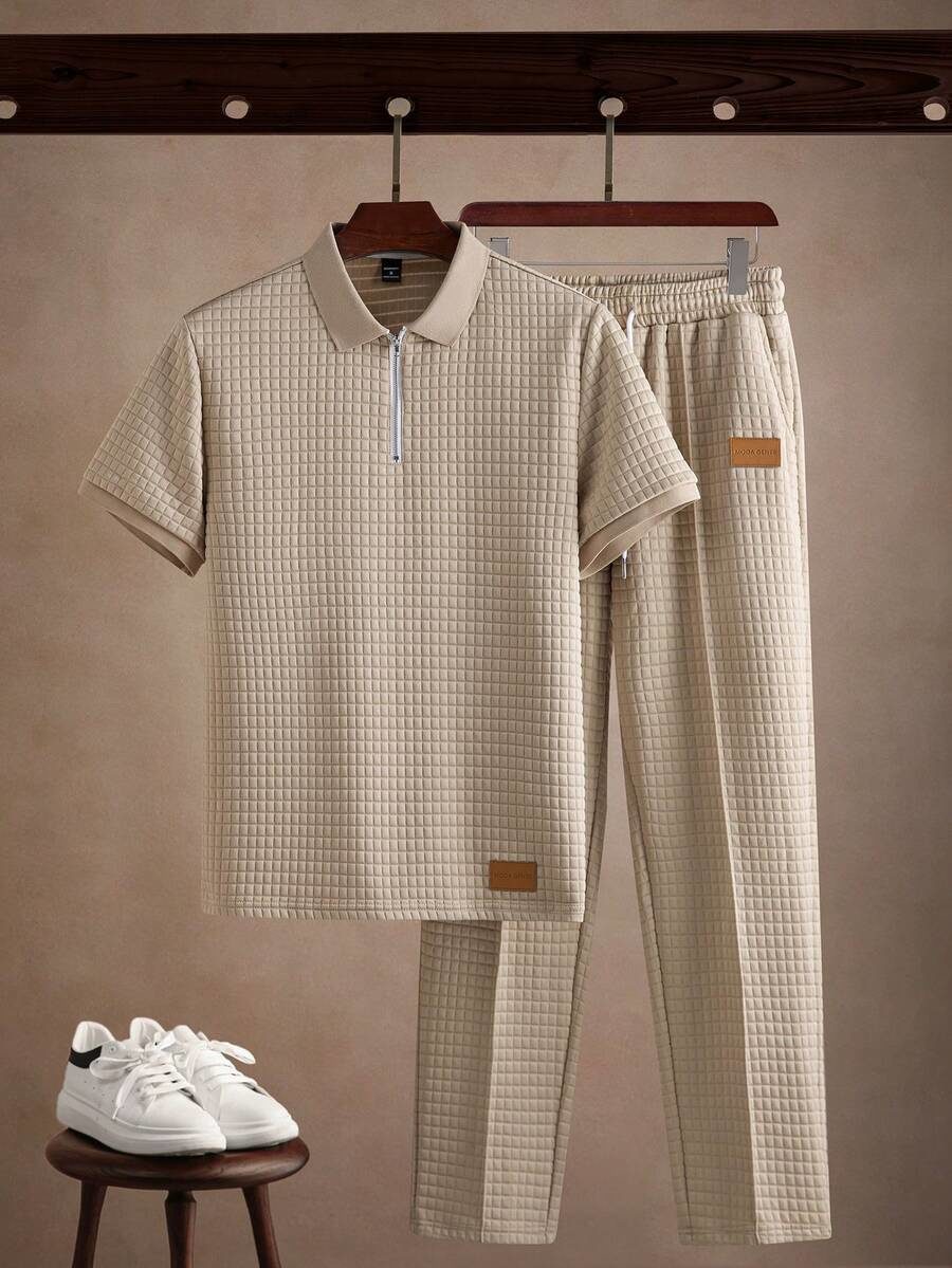 Men's Embellished Textured Fabric Half-Zip Polo Shirt And Seam Front Pants Set