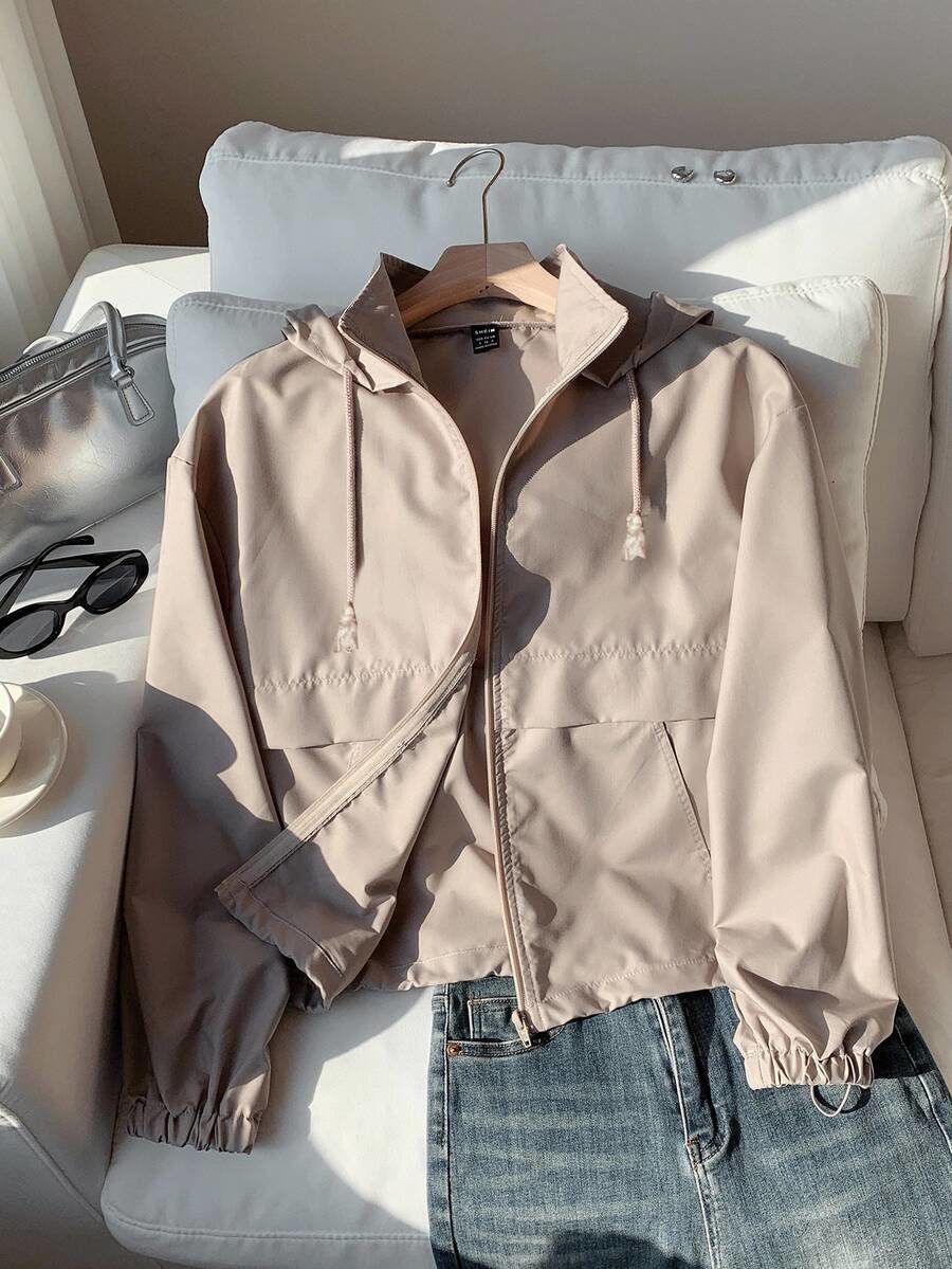 Khaki Plus Size Women Casual Normal Normal Long Sleeve Zip Front Hooded Jacket