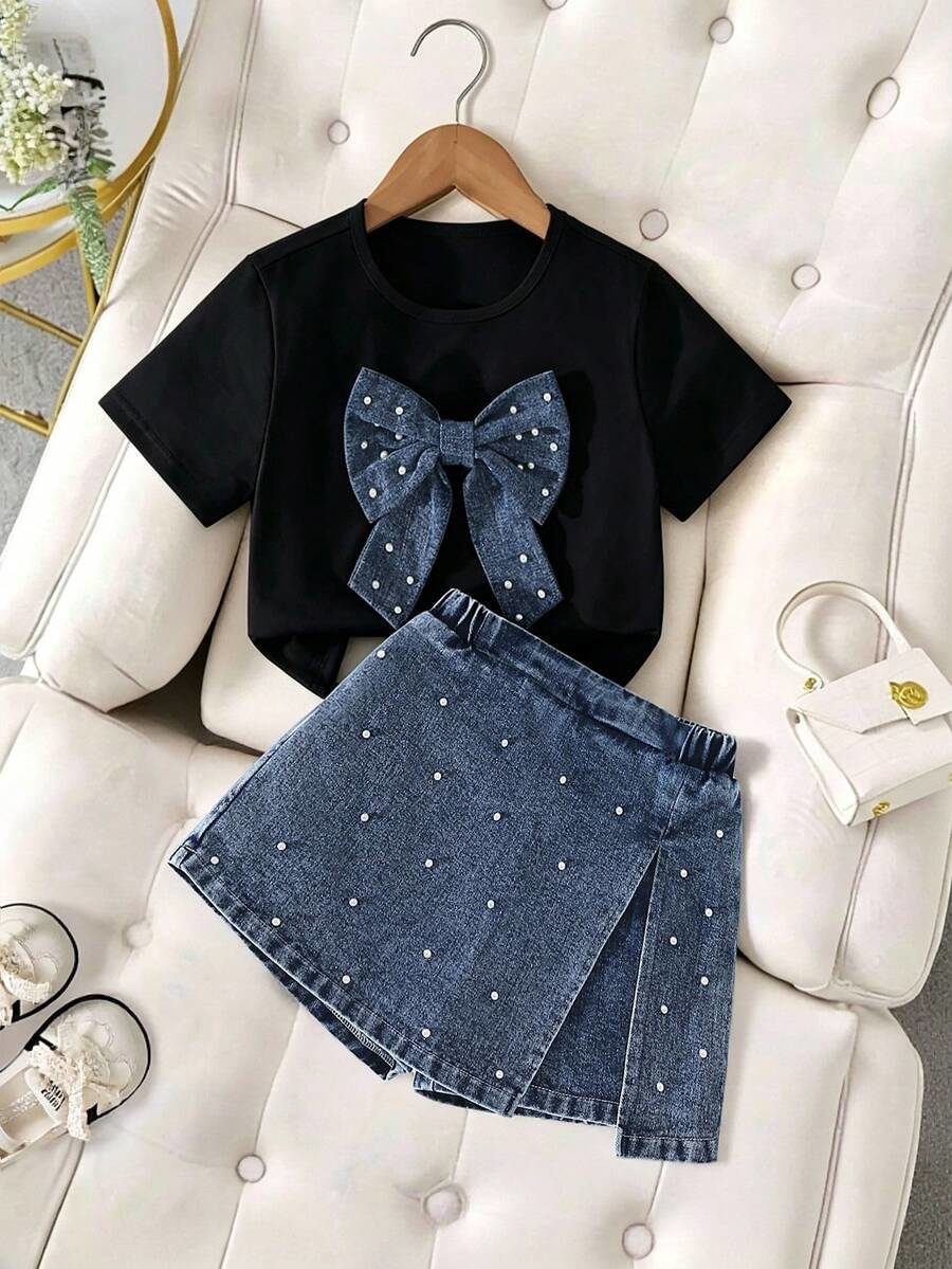 Tween Girl Fashionable & Cute 2-Piece Set: Rhinestone Embellished Knit Top