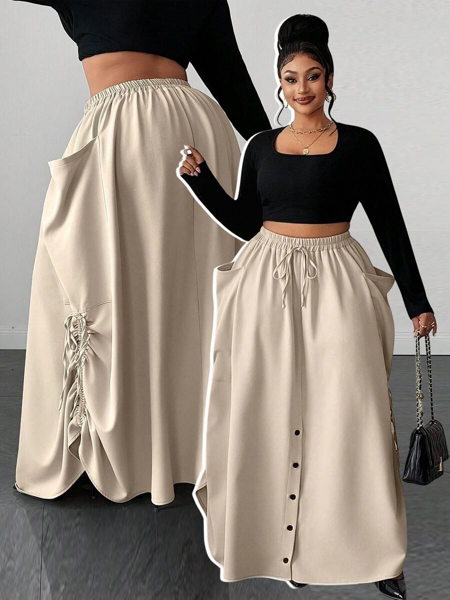 Plus Size Women's Drawstring Double Side Large Pockets Full Skirt Midi Skirt