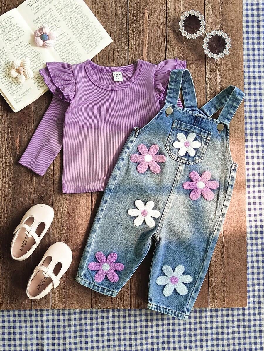 Baby Girl Floral Embroidered Denim Pants Round Neck Long Sleeve Top And Bib Set