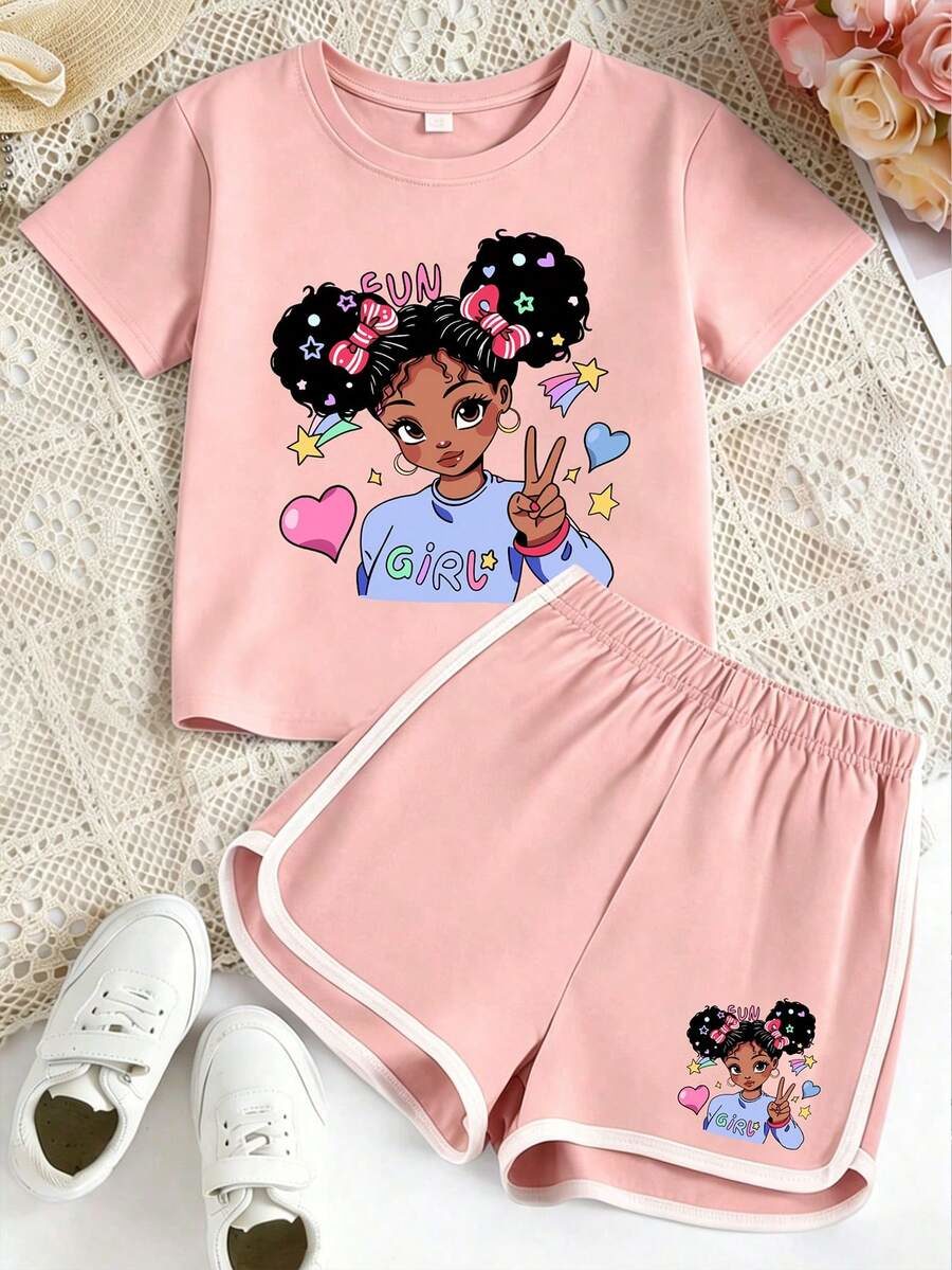 Tween Girls Cute Cartoon Girl & Heart Bow Print Crew Neck T-Shirt + Shorts