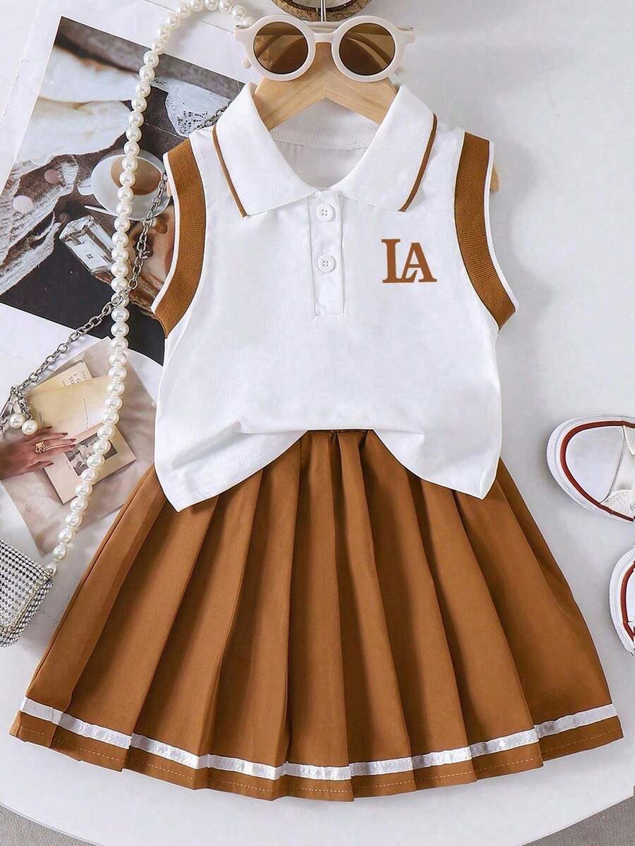 Tween Girl Letter Print Polo Collar Tank Top And Pleated Mini Skirt