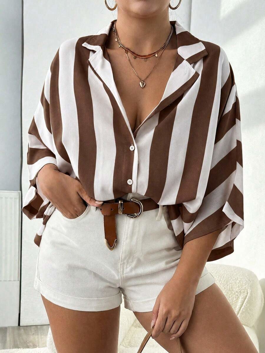 Plus Size Women's Loose Versatile Minimalist Coffee Brown Striped V-Neck Shirt