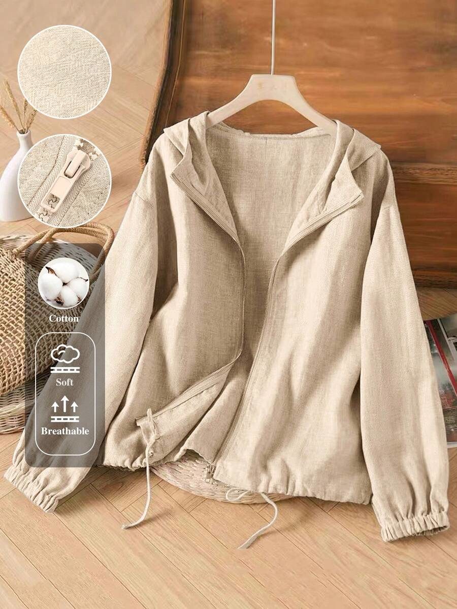 Plus Size Women Casual Imitation Linen Hooded Jacket Winter Fall Autumn