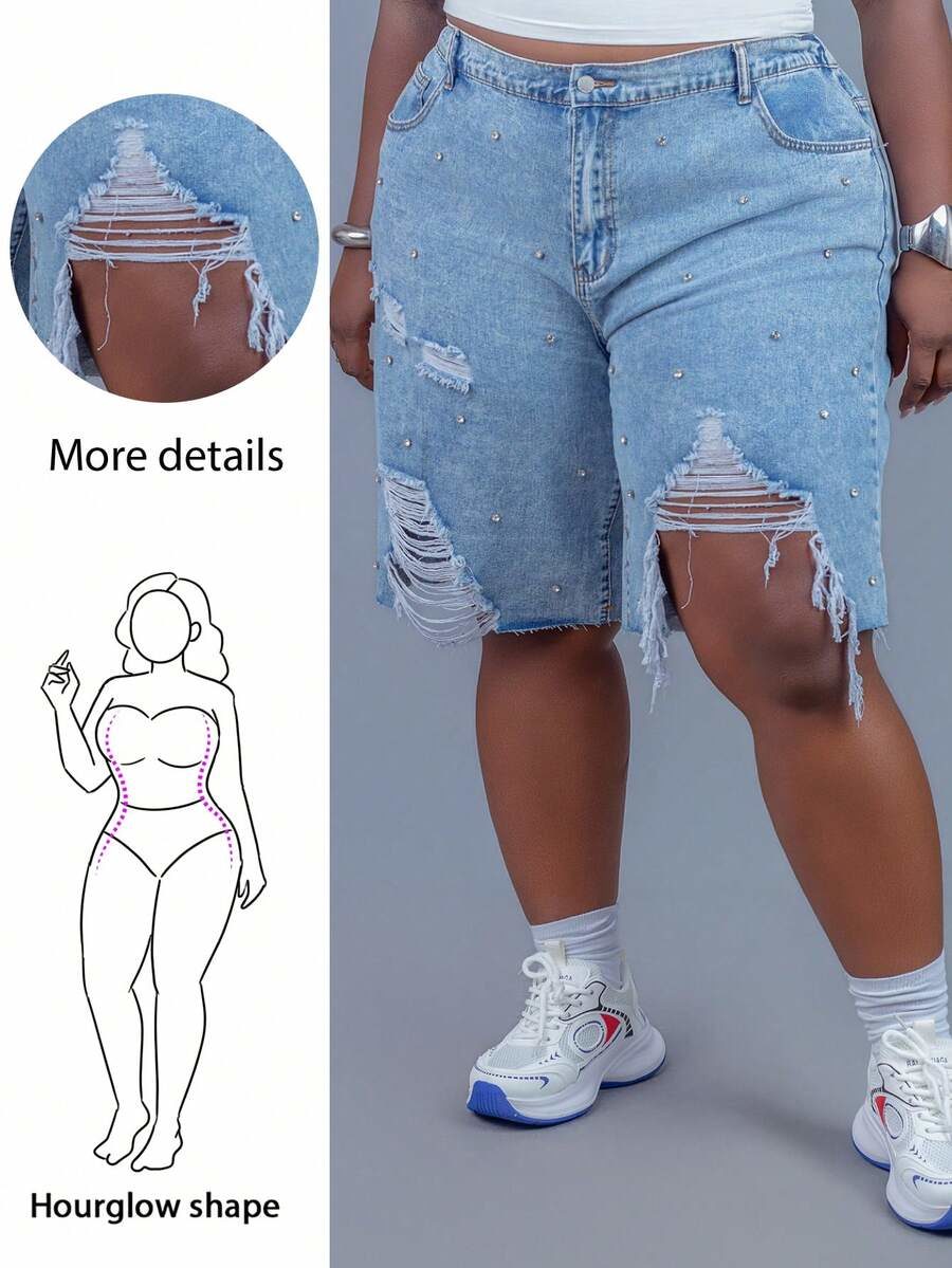 Plus Size Rhinestone Decor Distressed Denim Shorts High-Waisted