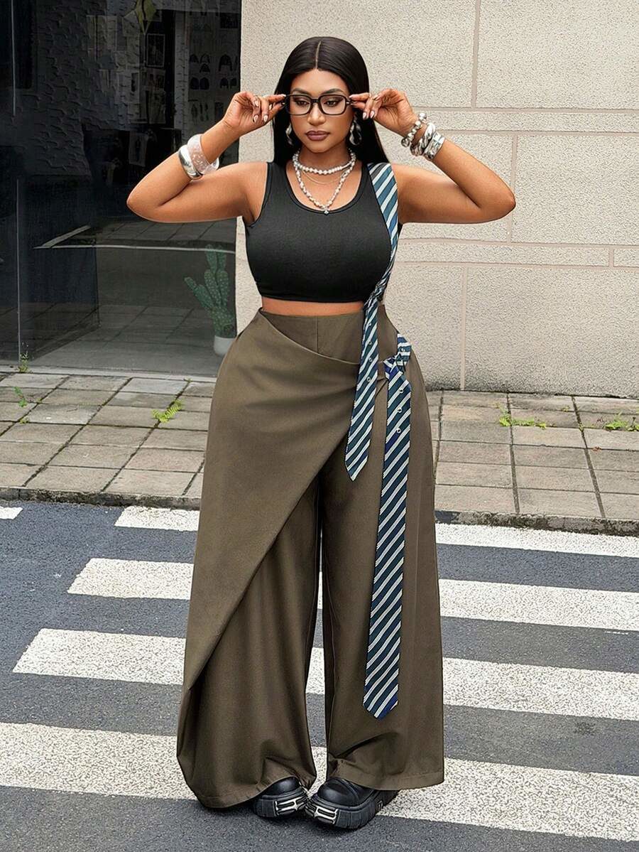 Plus Size Women's Patchwork Striped 2 In 1 Wide Leg Long Pants