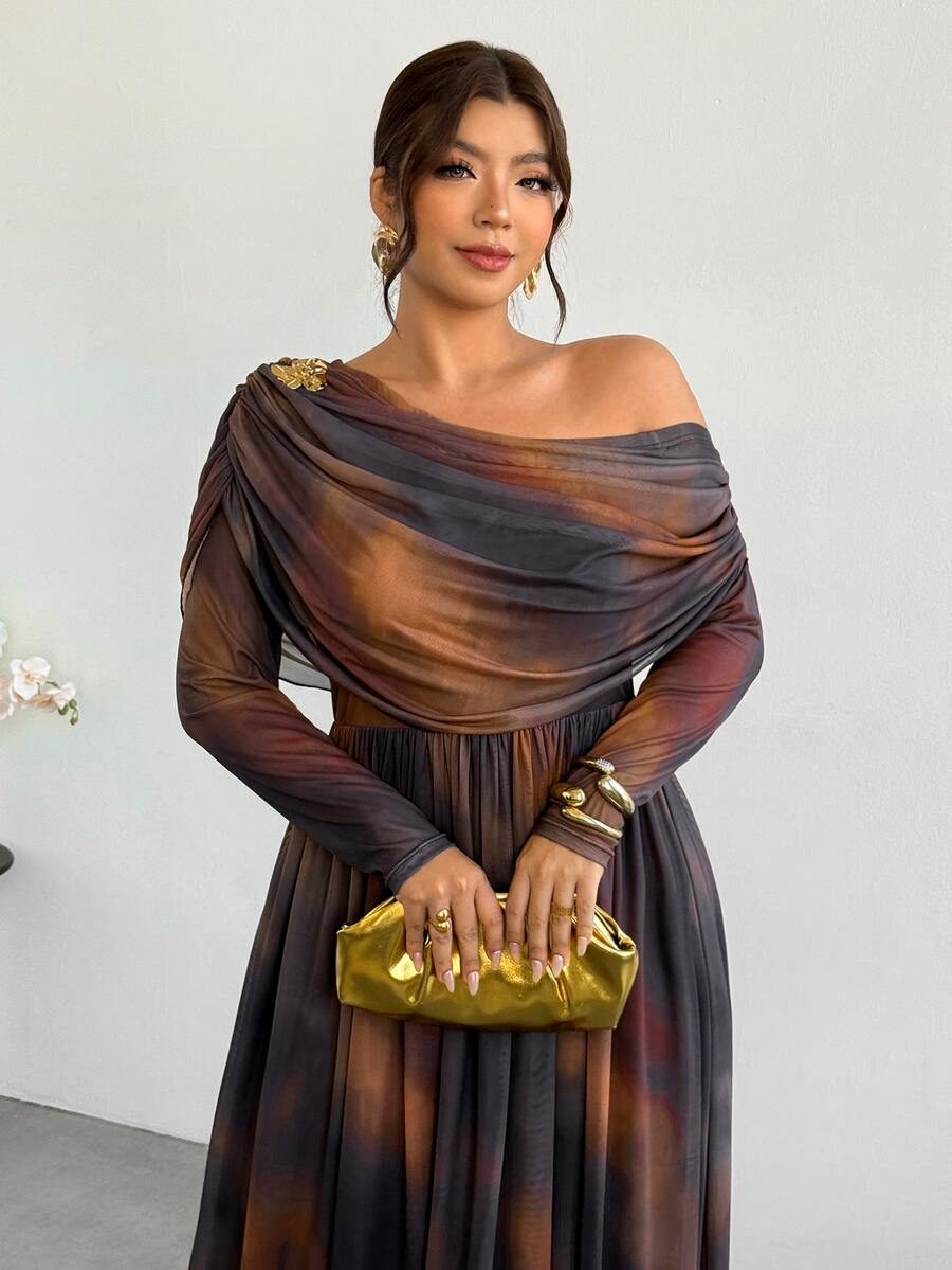 Plus Size Women Shoulder Pleated Long Sleeve Elegant Dress Elegant Dress