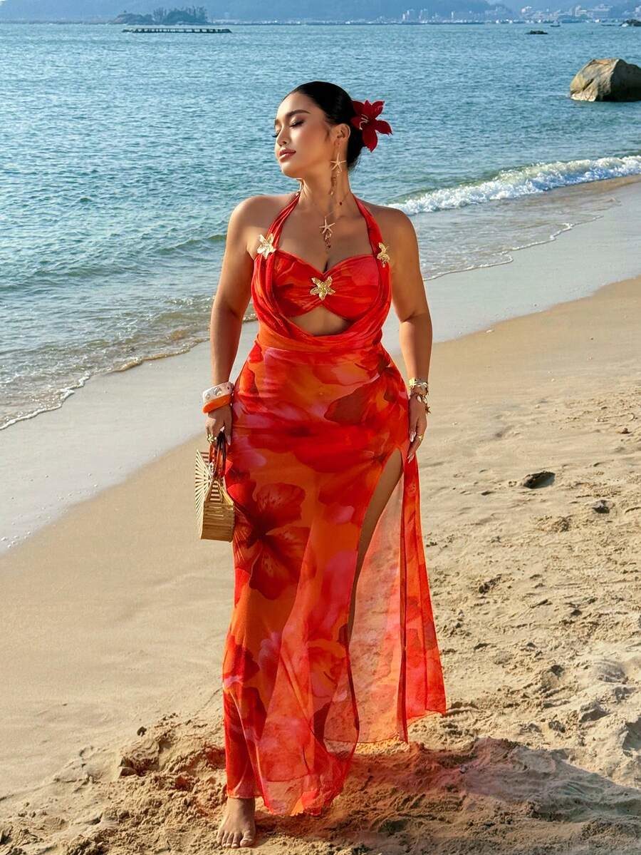 2 In 1 Halter Mesh High Elastic Digital Print Tropical Floral Plus Size Dress