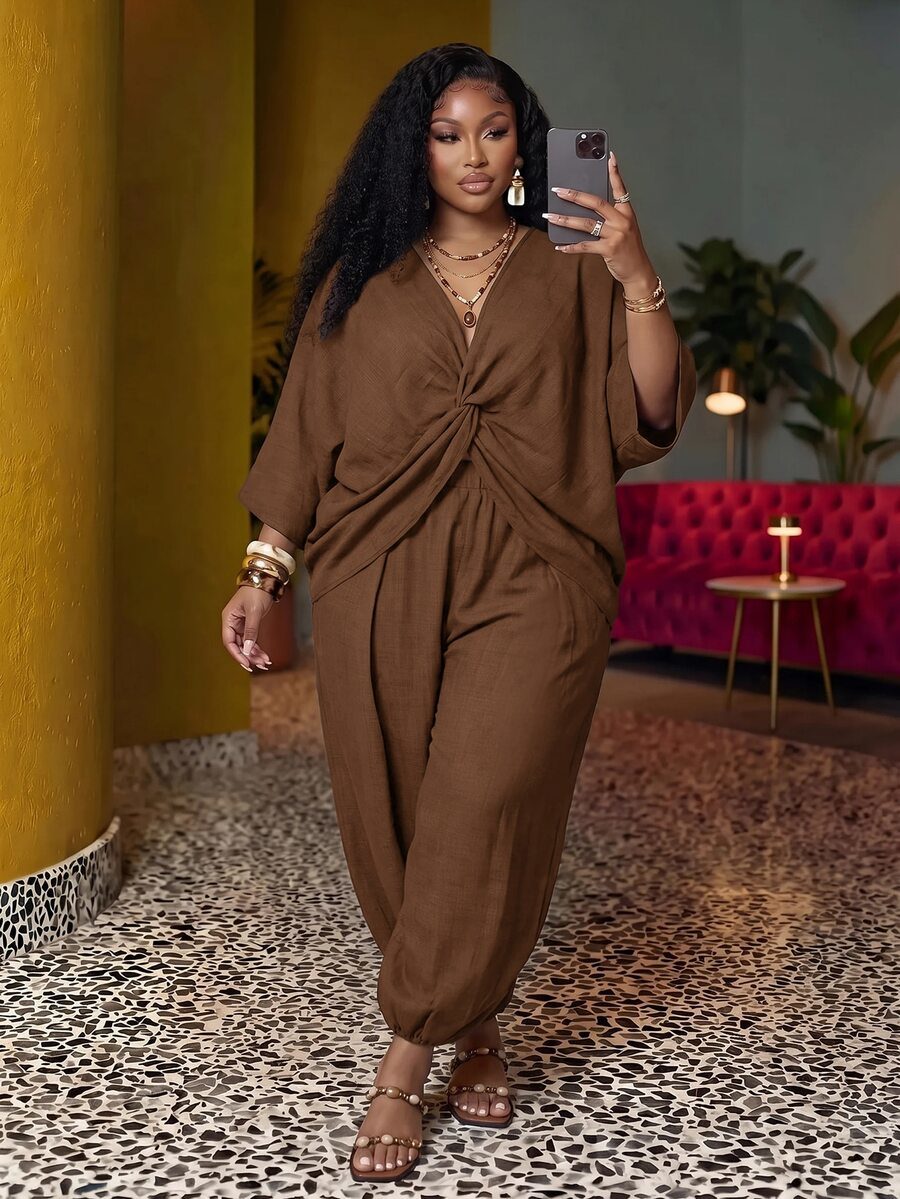 Classic Brown Front Twist Short Sleeve Cropped Top And Tapered Pants Set