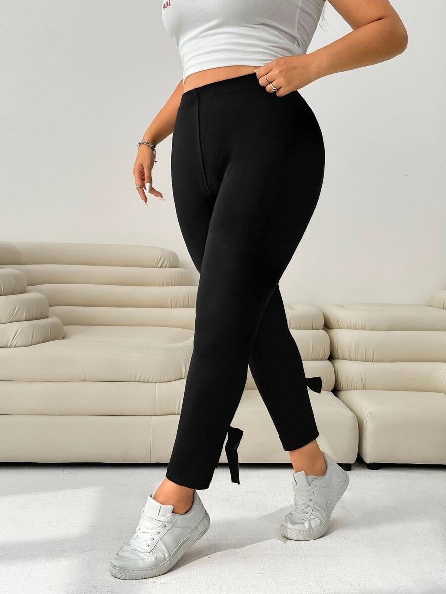 Plus Size Women's Black Cute Fitted Pants Bowknot Decor Side Slit