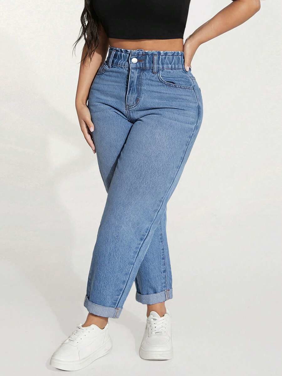 Plus Size High Waist Fashion Button Pocket Denim Capris