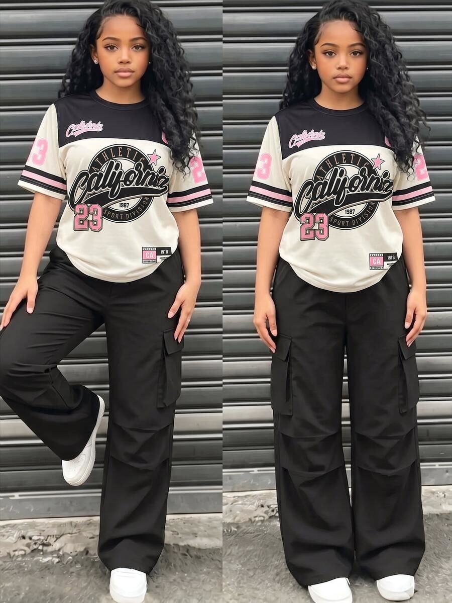 2pcs/Set Short Sleeve Round Neck Sweet & Cool Girl Exclusive American Style Set