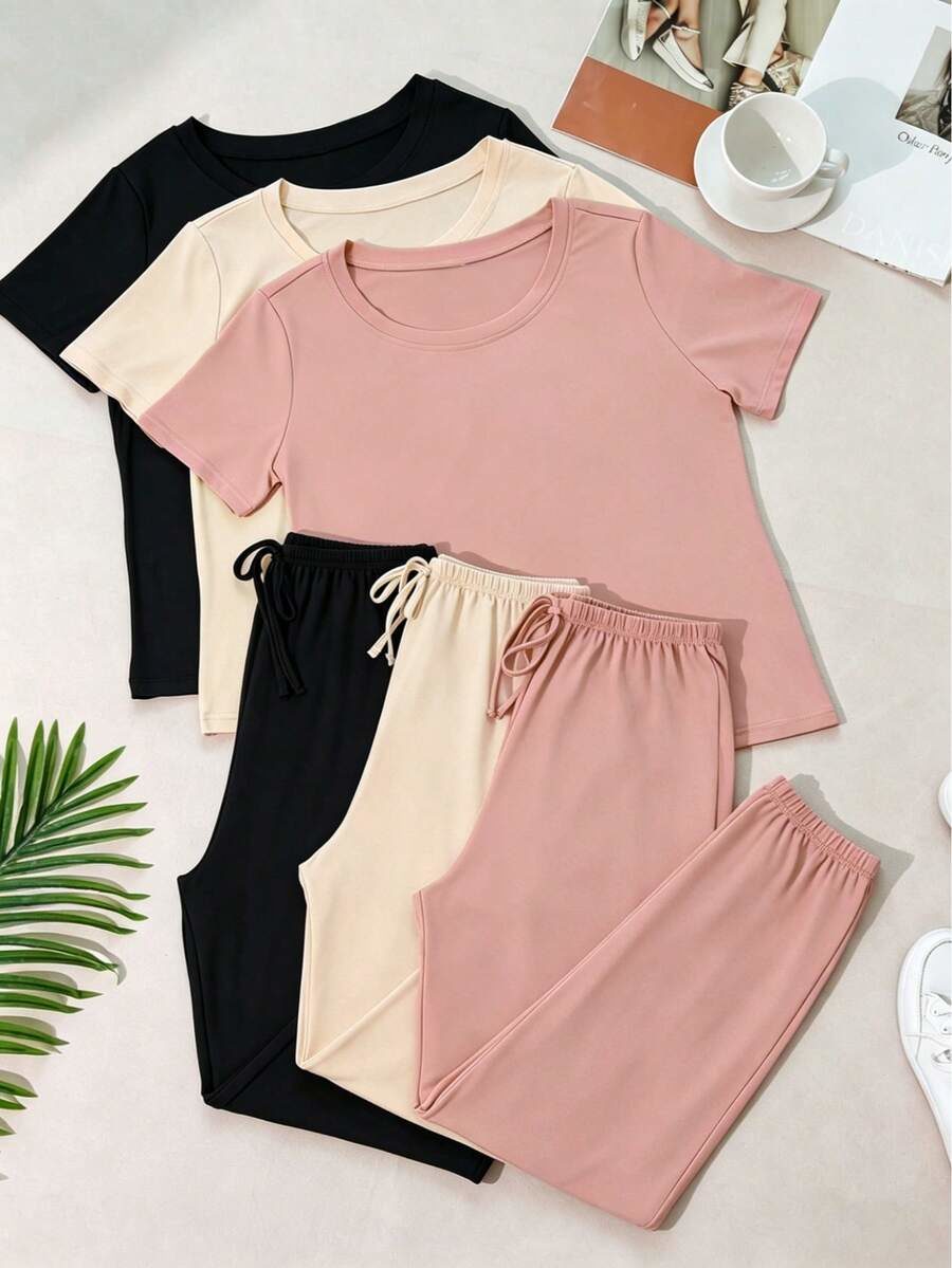 6pcs/Set Women's Solid Color Short Sleeve And Long Pants Casual Pajamas Set