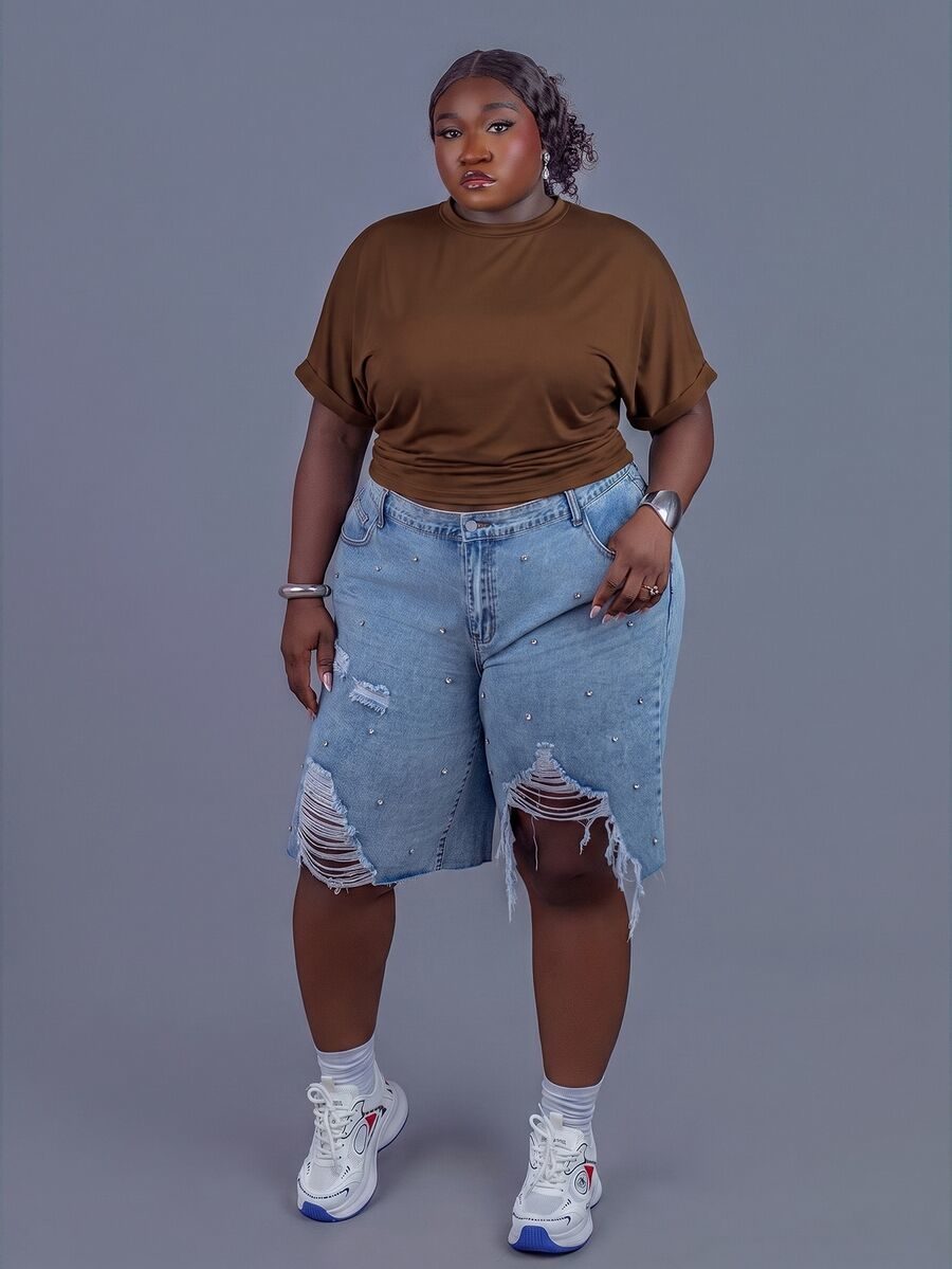 Plus Size Women's Minimalist Y2K Basic Casual Streetwear Stretchy Chocolate