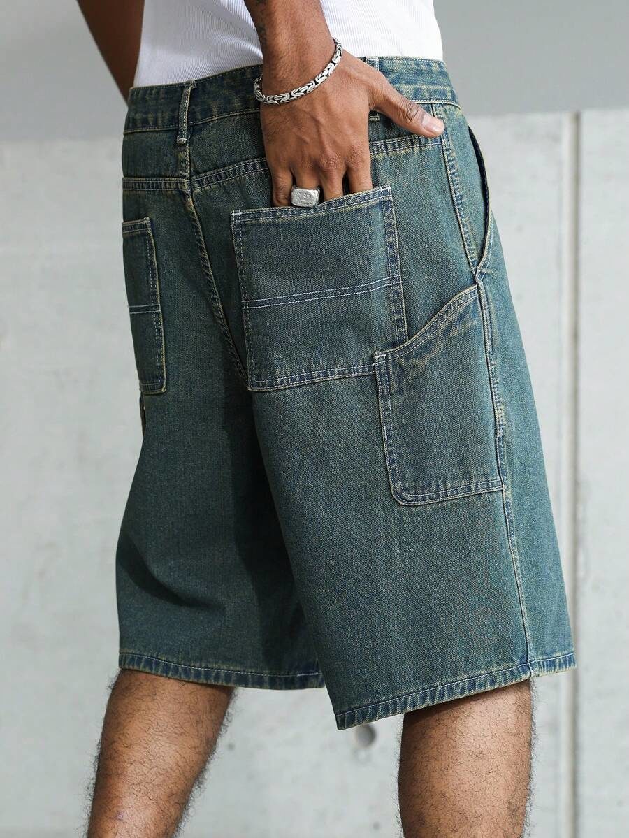 Men's Casual Street Style Multi-Pocket Blue Denim Cargo Shorts