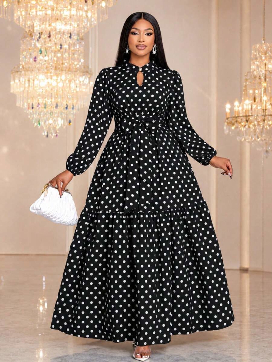 Plus Size Women's Autumn Elegant Vintage Polka Dot Semi-High Neck Long Sleeve Waist-Defining Slimming Dress Vacation