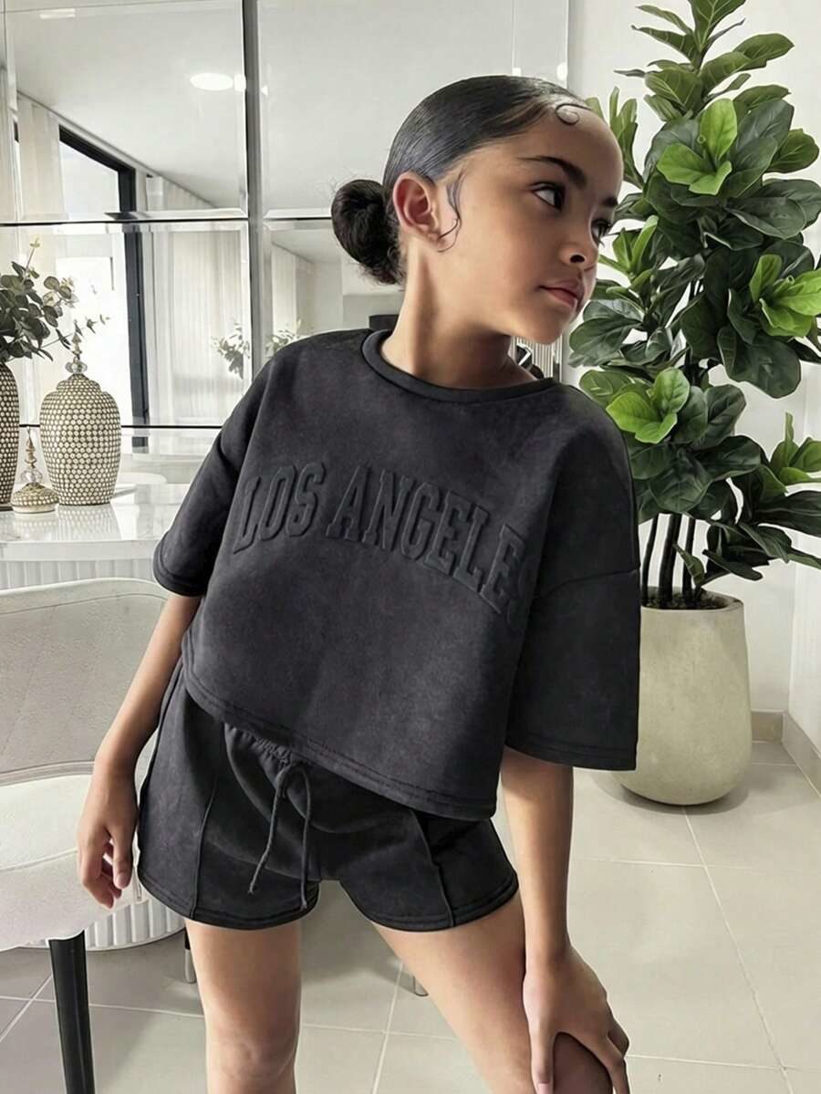 2pcs/Set Tween Girl Loose Cropped T-Shirt + Skinny Shorts