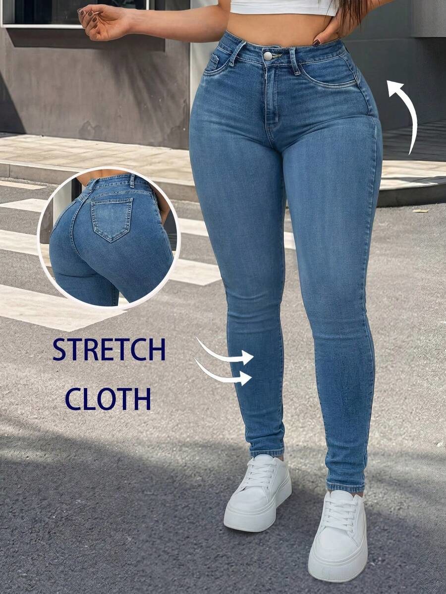 Women's Plus Size Slim Fit Short Denim Jeans, Washed Medium Stretch Fabric