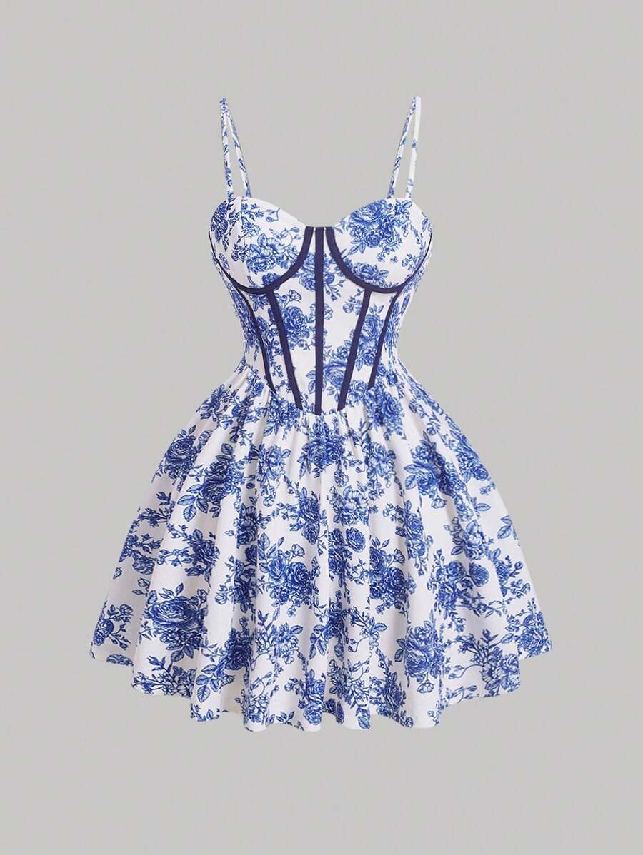 Floral Print Contrast Binding Bustier Cami Dress