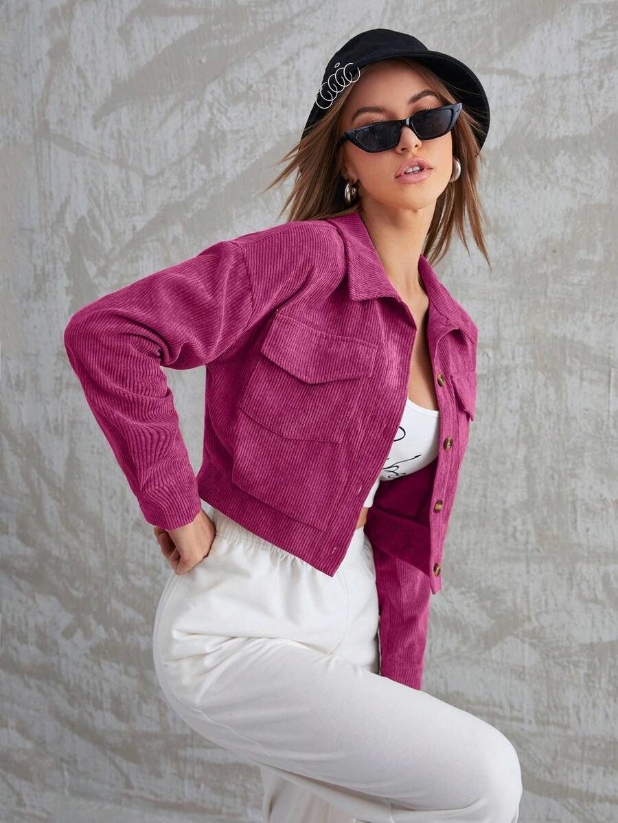 Flap Pocket Drop Shoulder Corduroy Jacket Fall Winter Cloth For Women