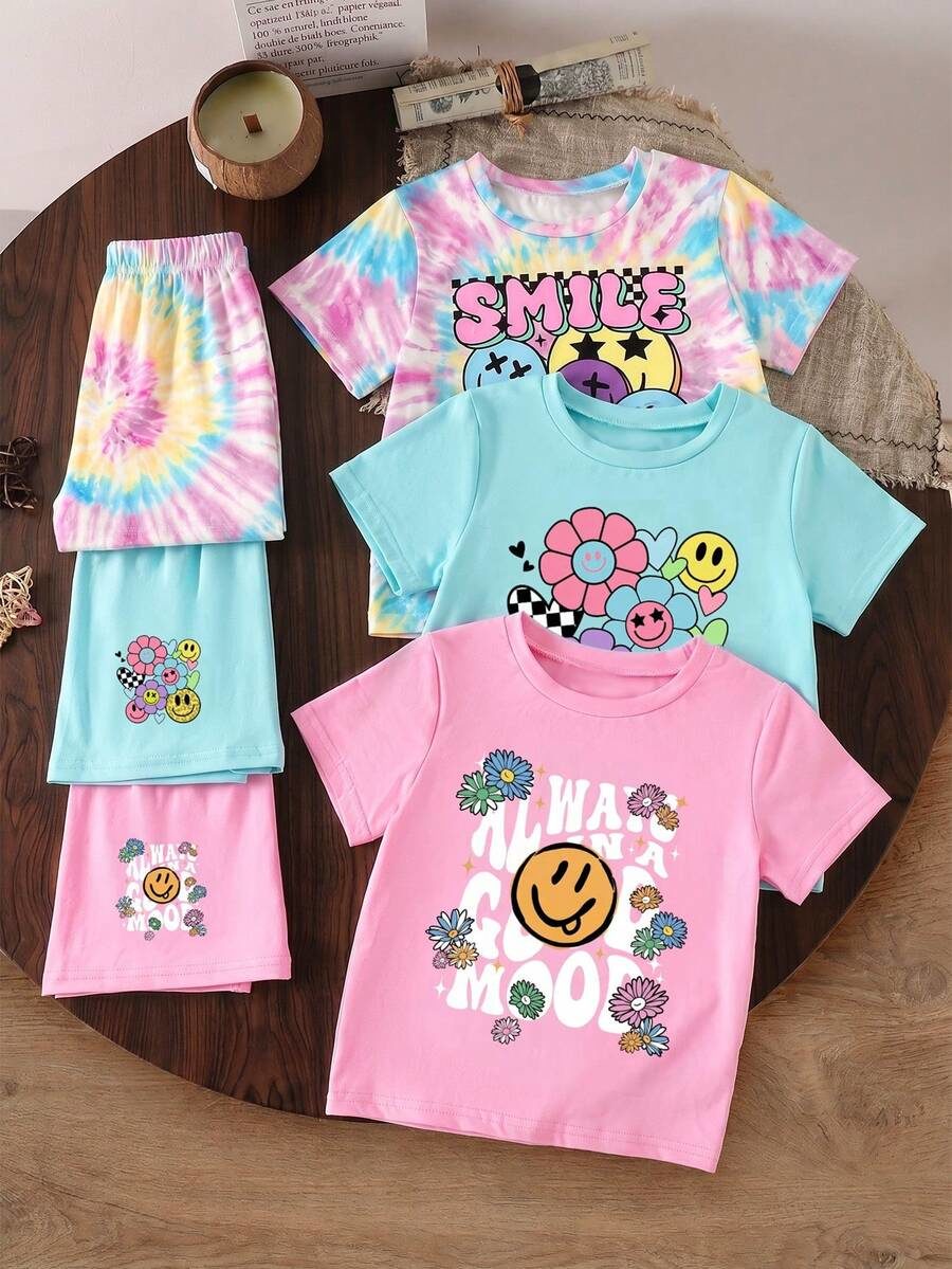 3Set Young Girls' Casual Round Neck Short Sleeve T-Shirt + Shorts