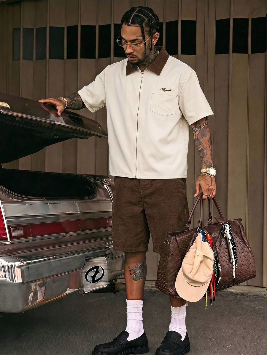 Men's Embroidered Zipper Short Sleeve Shirt And Button Pocket Shorts Set