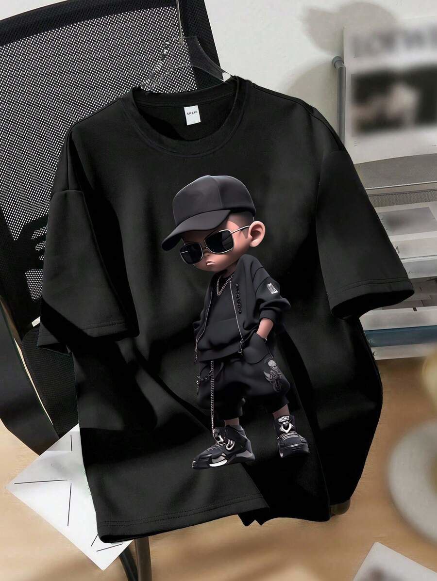 Tween Boys' Casual Simple Cartoon Anime Boy Print Short Sleeve Crewneck T-Shirt