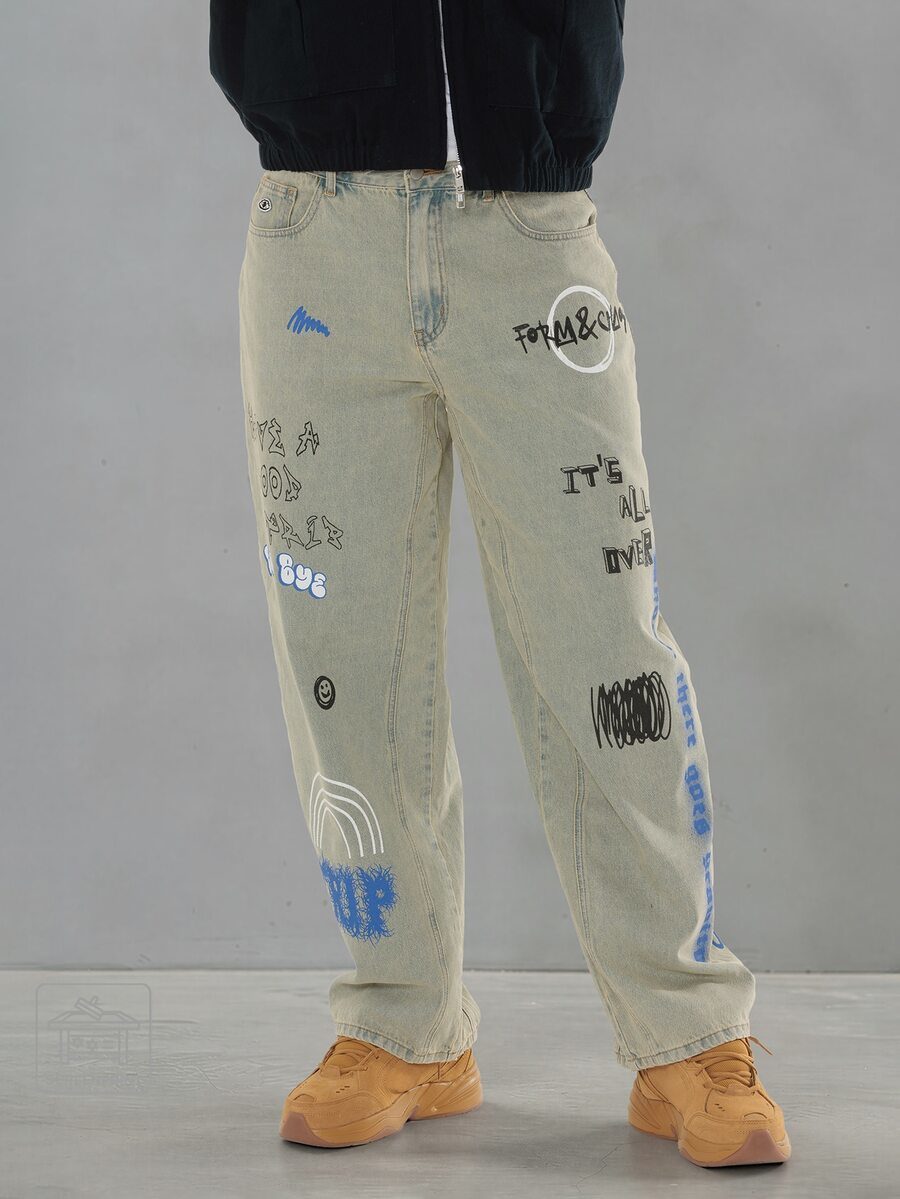 Men's Fall Vintage Streetwear Washed Print Denim Long Pants Vacation Beach Beige
