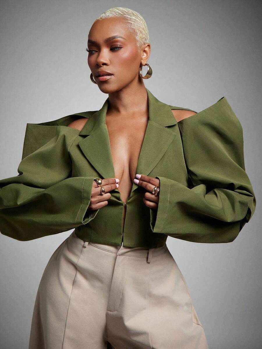 Cold Shoulder Pleated Long Sleeve Collared Cropped Blazer
