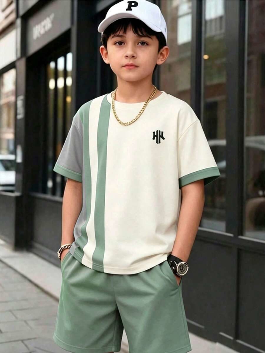 Minimalist Colorblock Striped Short Sleeve Crew Neck T-Shirt + Pocket Shorts Set