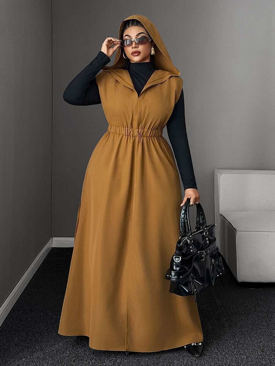 Plus Size Women's Solid Color Pleated Casual Everyday Summer Hooded Dress