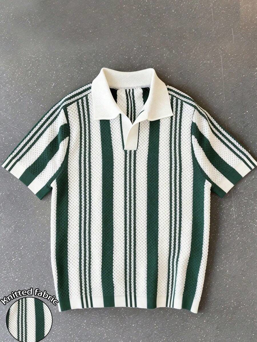 Men's Striped Polo Collar Short Sleeve Casual Knit Top