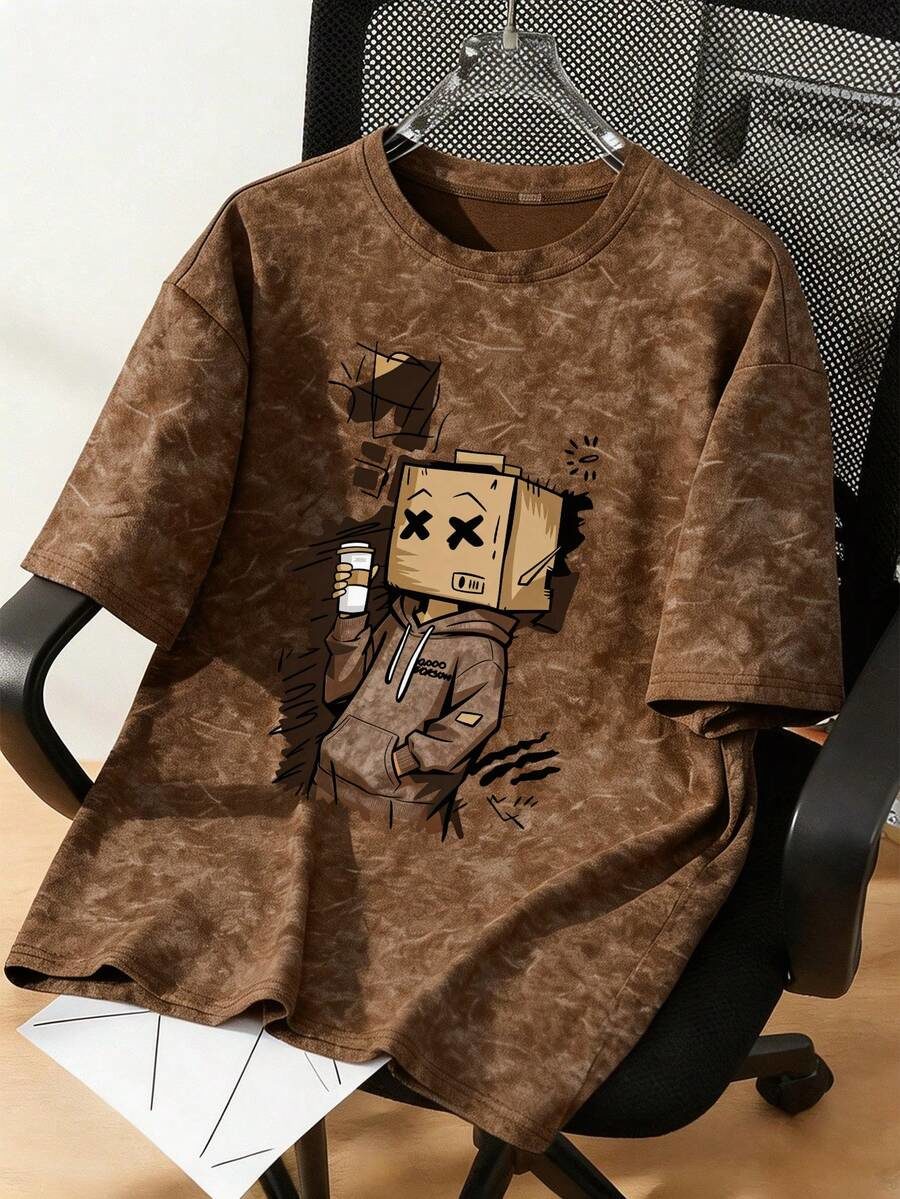 1pc Distressed Cartoon Cardboard Man Print Short Sleeve T-Shirt