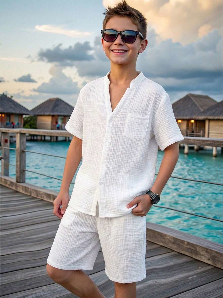 Casual Solid Color Round Neck Short Sleeve Cardigan And Elastic Waist Shorts Set