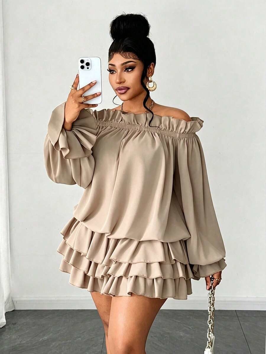 Plus Size Solid Color Off-Shoulder Long Sleeve Ruffle Hem Elegant Dress Fall