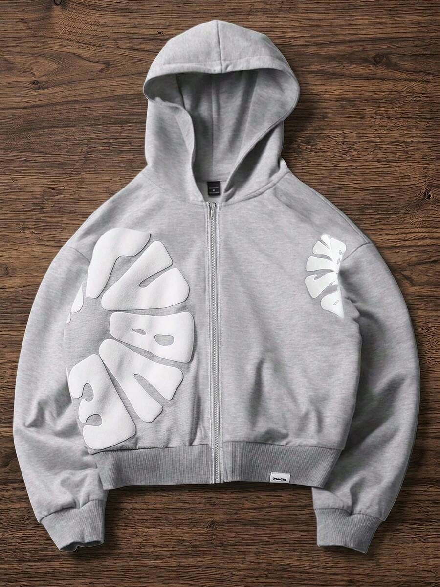 Men's Casual Loose Fit Long Sleeve Zip-Up Hoodie Spring/Autumn/Winter Grey With Foam Print Standard Size, Y2K, Thermal Lined
