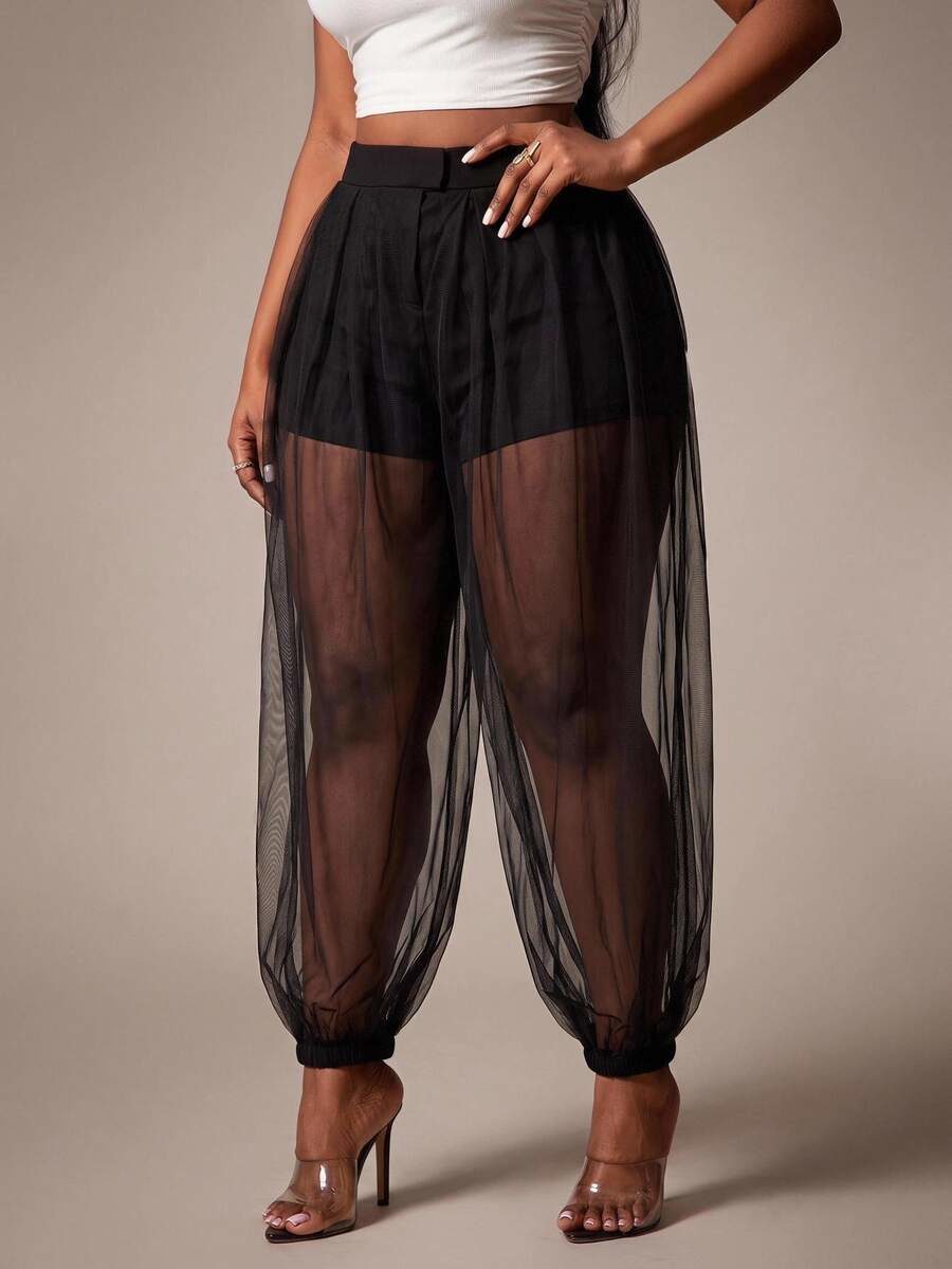 Plus Size Women's Modern Elegant Semi-Sheer Mesh Bubble Harem Pants