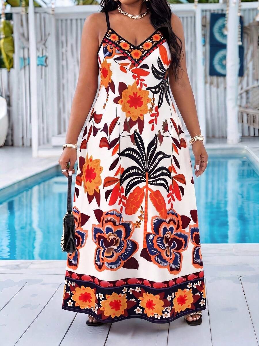 Plus-Size Casual Sleeveless Dress, Printed Pattern
