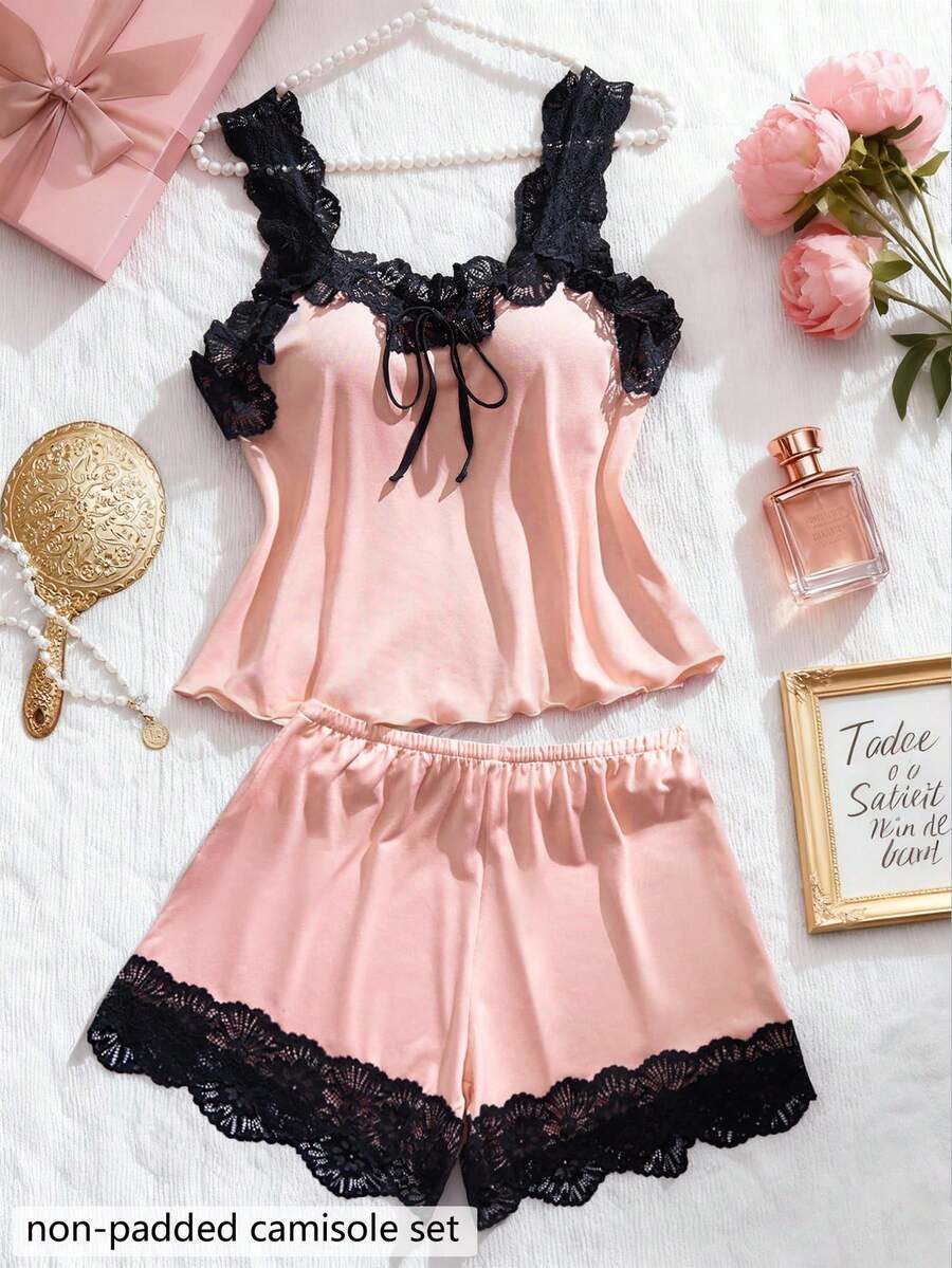 Lace Trim Ruffle Blouse And Lace Panel Panty Comfortable Sleepwear Lingerie Set