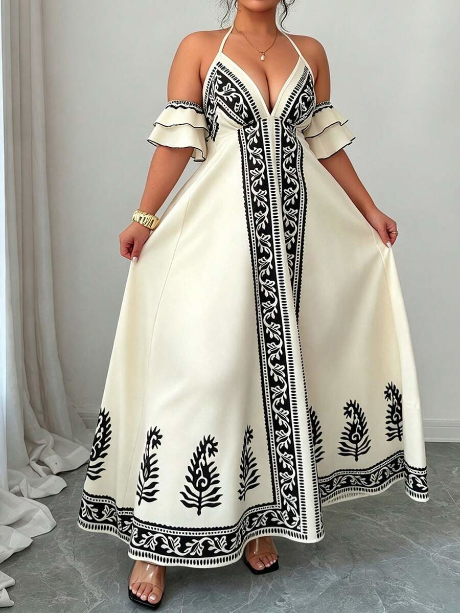 Women's Halter Neck Open Shoulder Ruffle Sleeve Printed Style Plus Size Dress