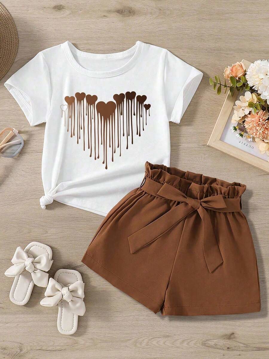 Tween Girl Heart Print Crew Neck Short Sleeve Casual T-Shirt And Shorts Set