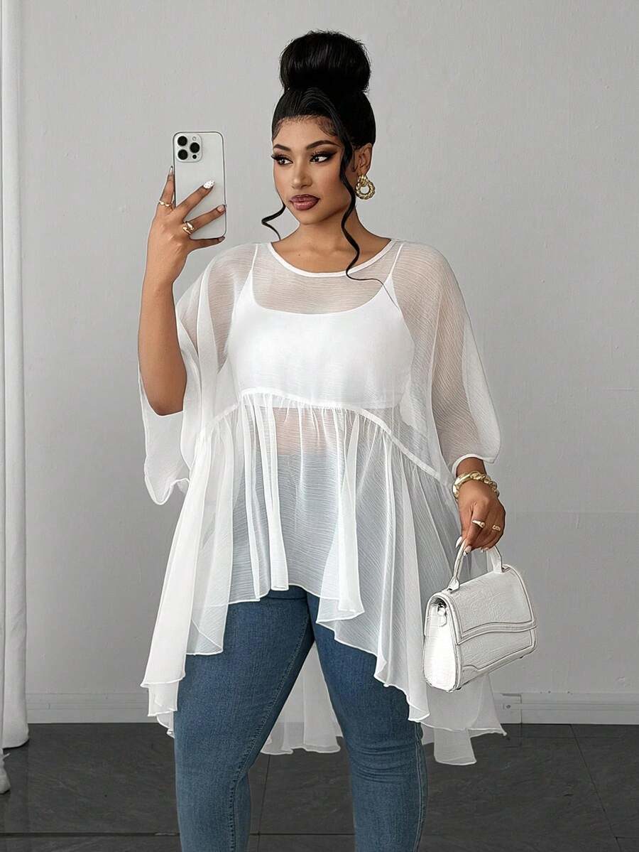 Plus Size Women's Neck Pleated Front Short Sleeve High-Low Hem Pullover Blouse