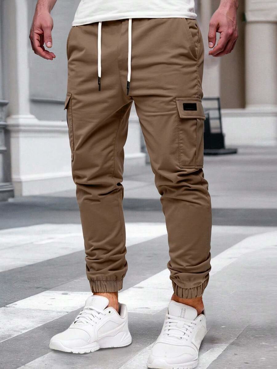 Men's Solid Color Brown Pocket Drawstring Waist Casual Slim Fit Cargo Pants, Fall