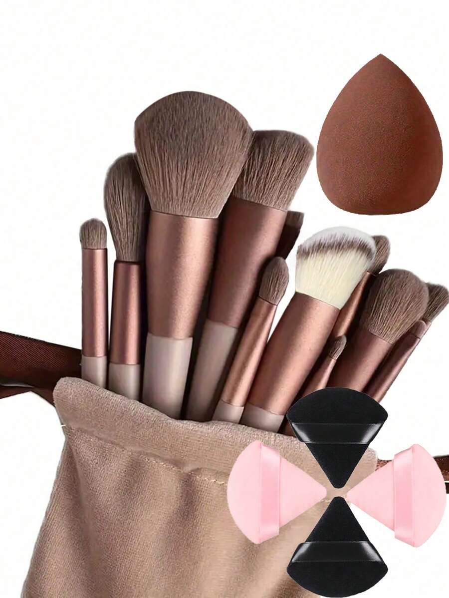 17pcs Makeup Brush Set: 13pcs Makeup Brushes, 1pc Drawstring Pouch, 1pc Makeup Sponge