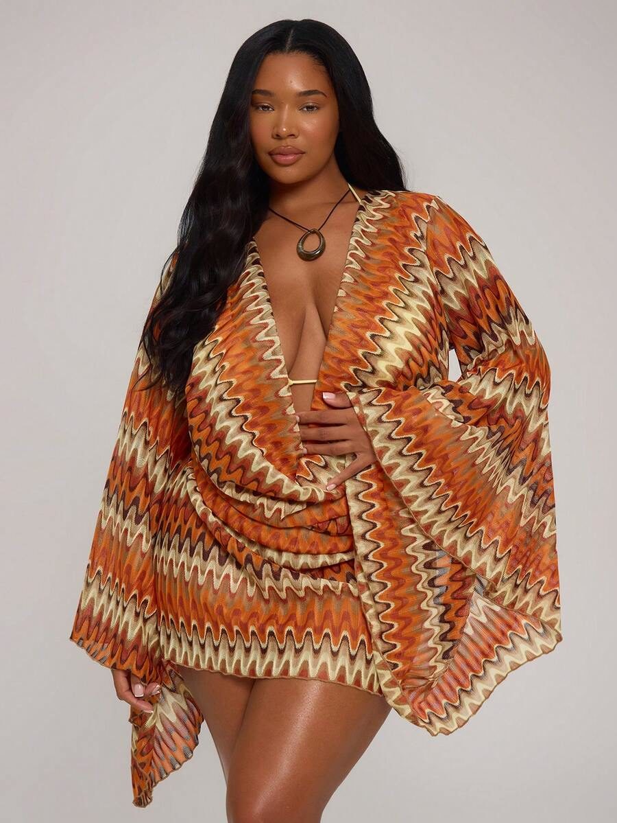 Plus Size Striped Crochet Knit Cowl Fitted Long Sleeve Mini Dress Cover