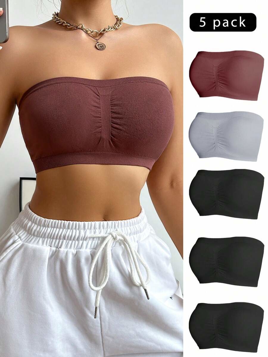 5pcs/Set Ladies' Solid Color Tube Top Bra